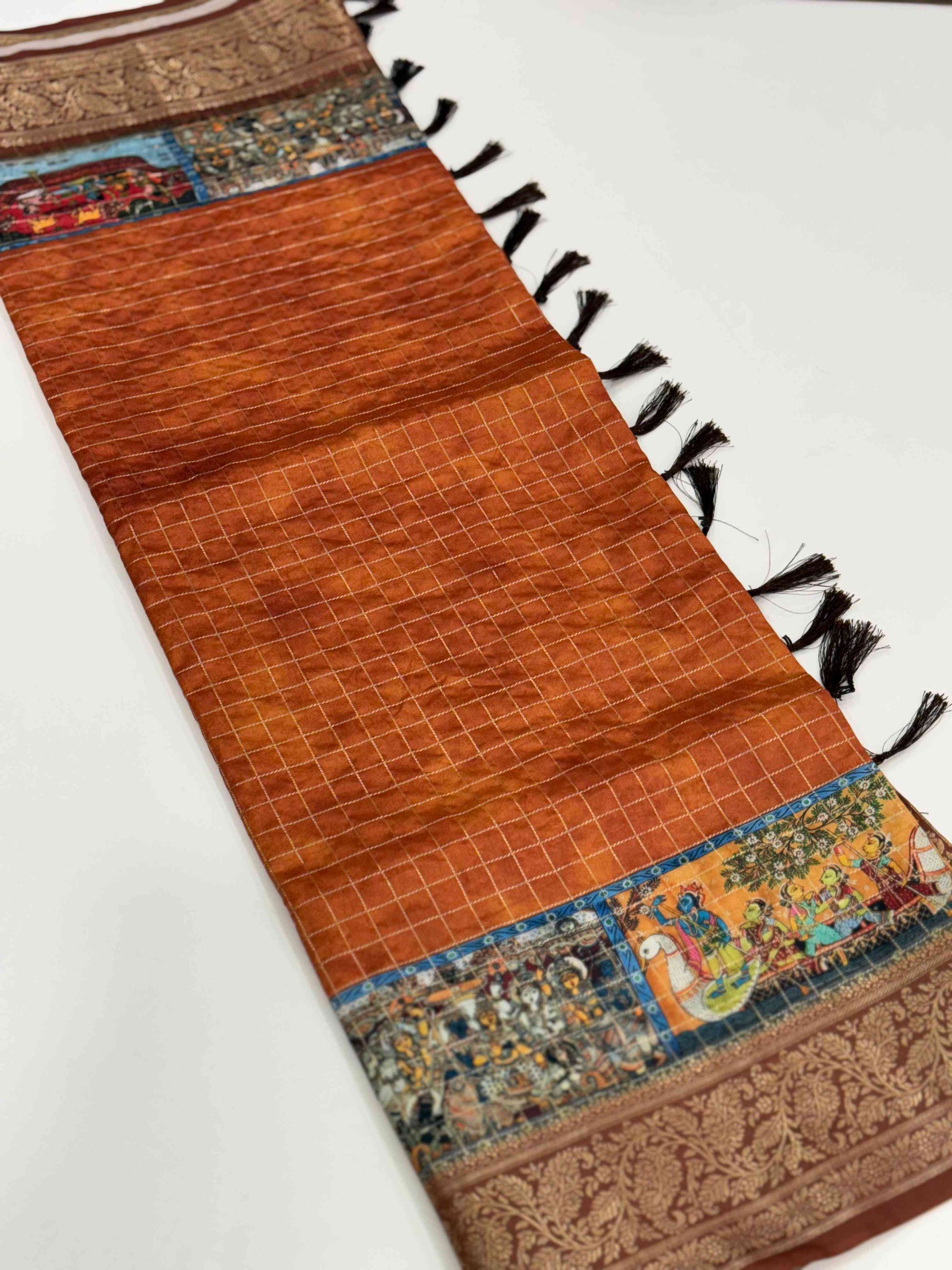 Rust Orange Tussar Silk Kalamkari Checkered Saree by My Store