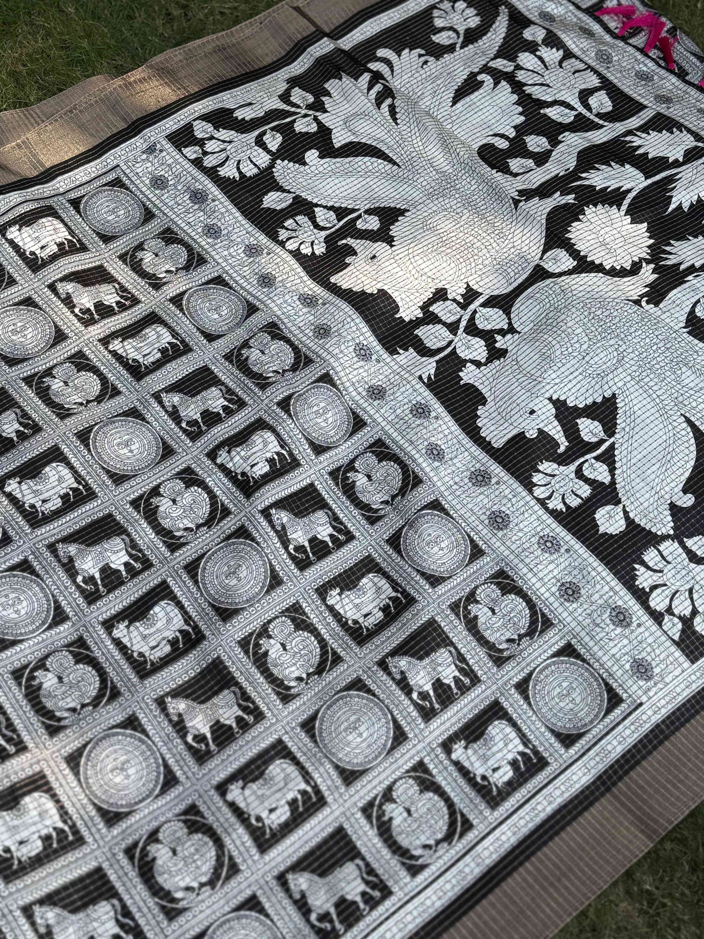 Black Tussar Chex Digital Kalamkari Print Saree