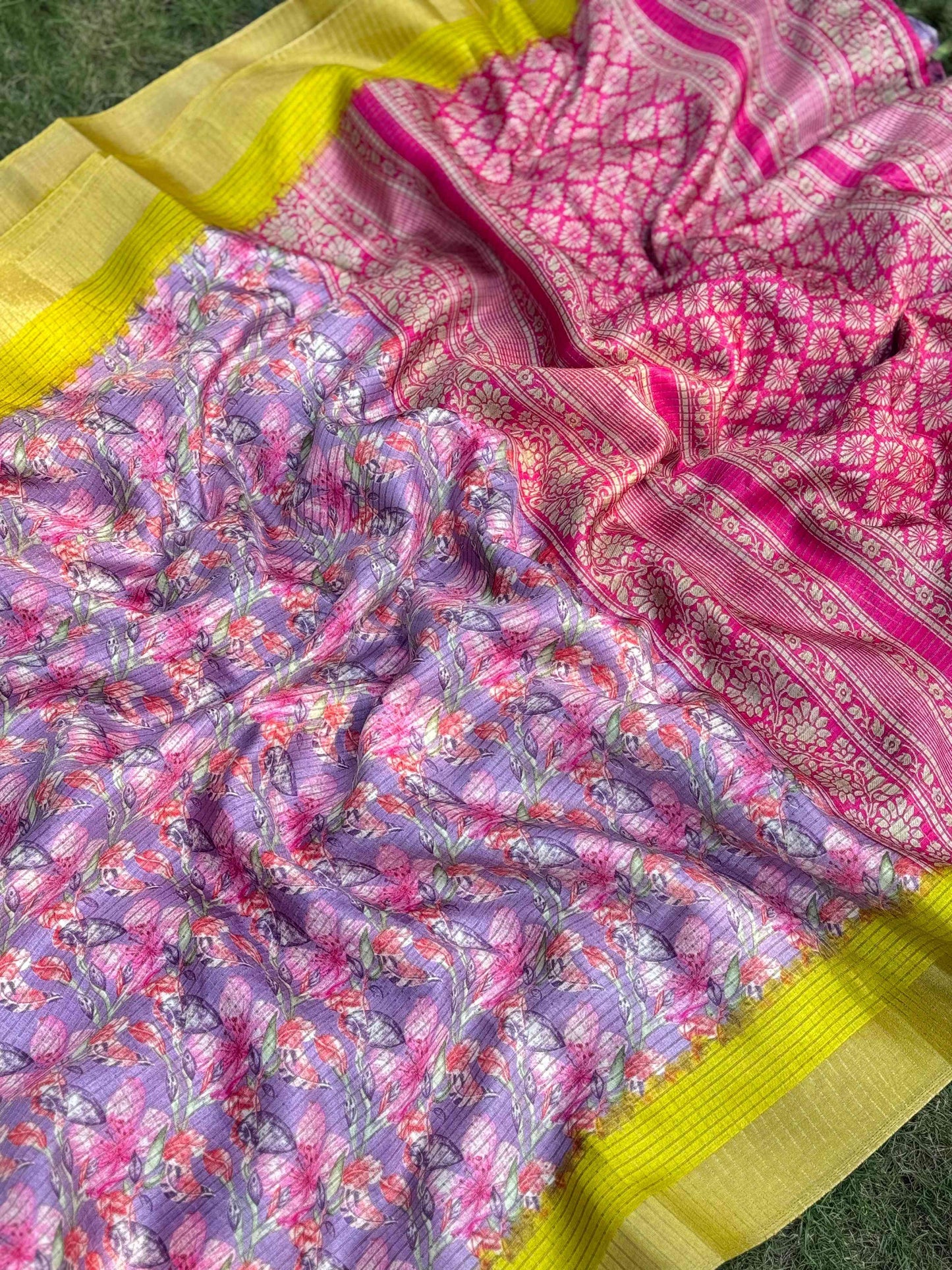 Lavender Tussar Chex Floral Saree by My Store
