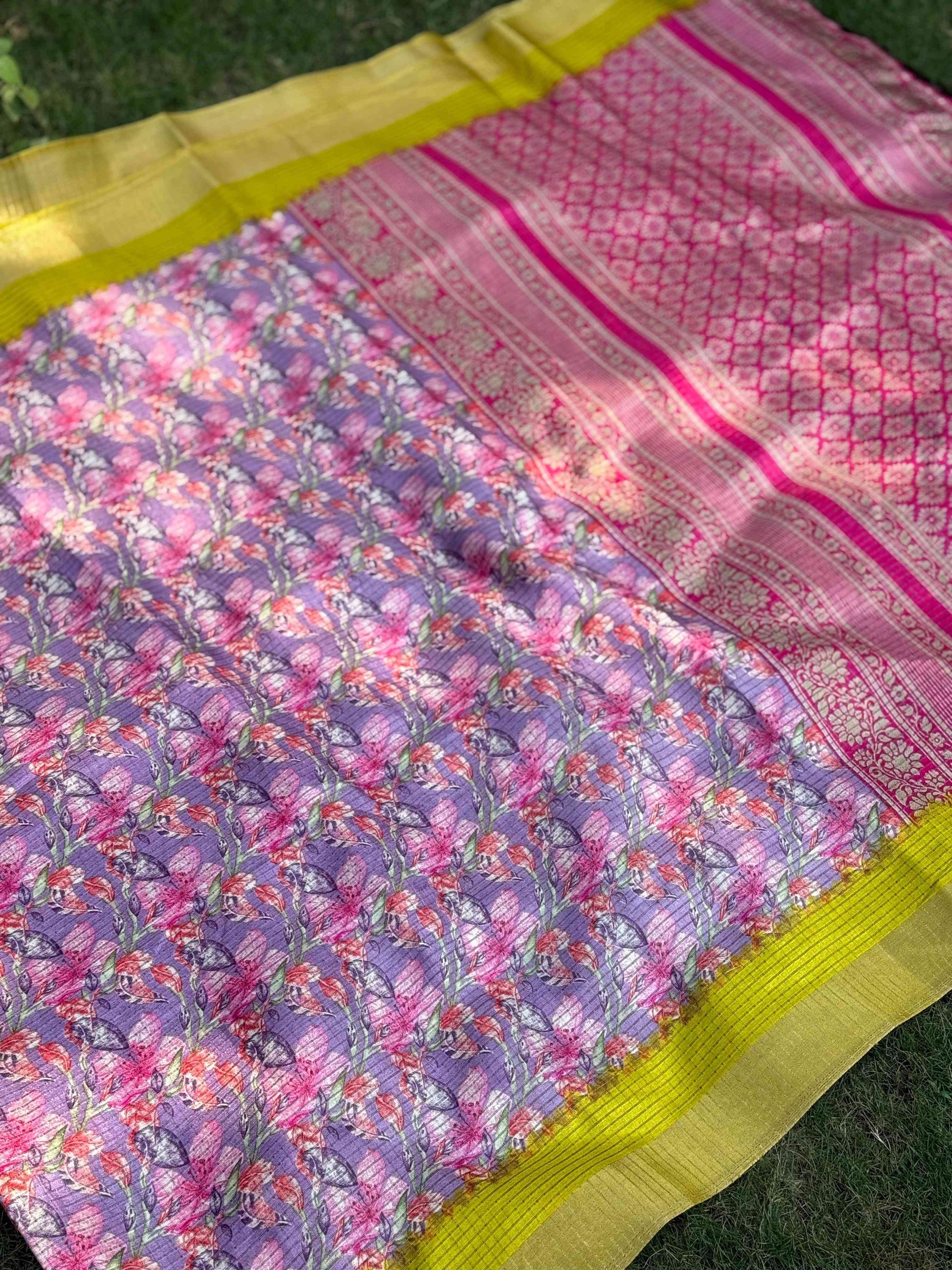 Lavender Tussar Chex Floral Saree by My Store