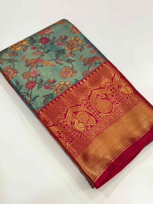 Crimson Teal Dharmavaram Silk Saree by My Store