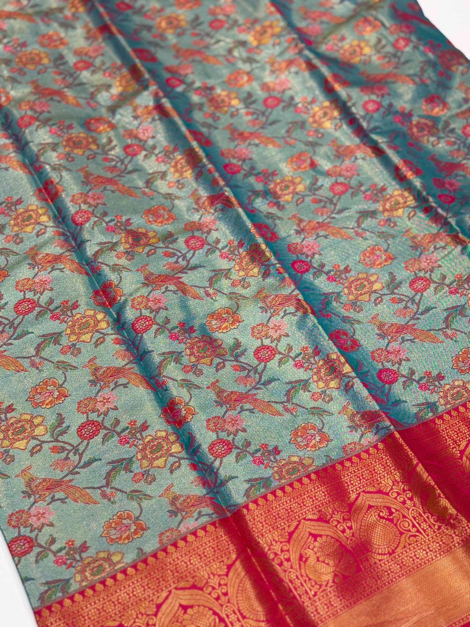 Crimson Teal Dharmavaram Silk Saree by My Store