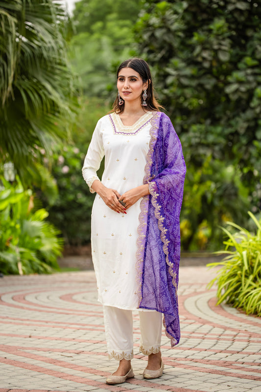 Silk Embroidered White Kurta Set