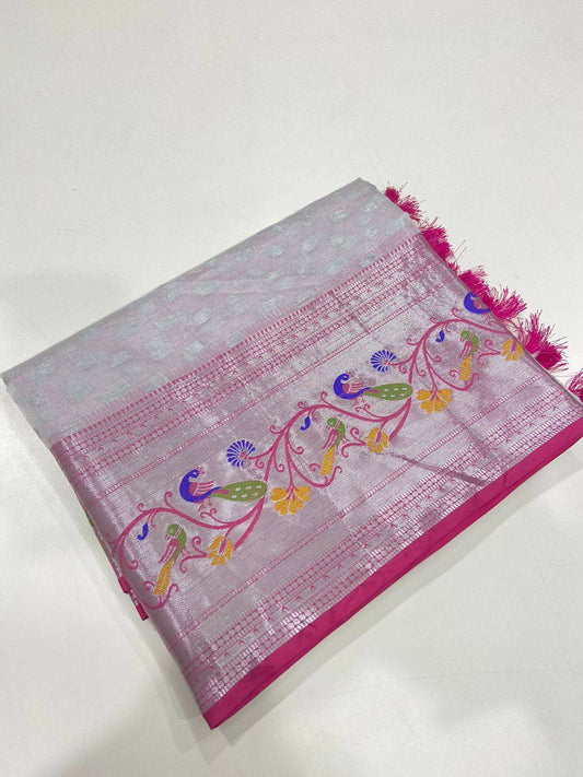 White Pink Organza Kasavu Saree
