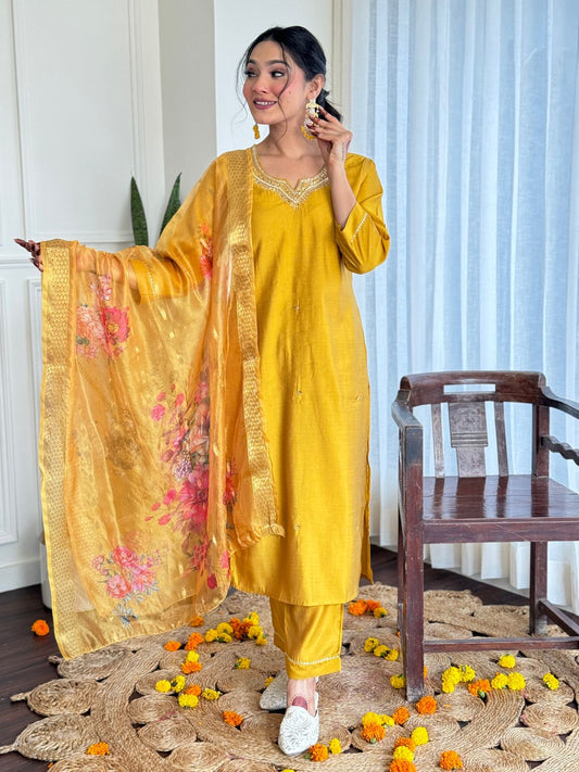 Silk Embroidered Yellow Kurta Set