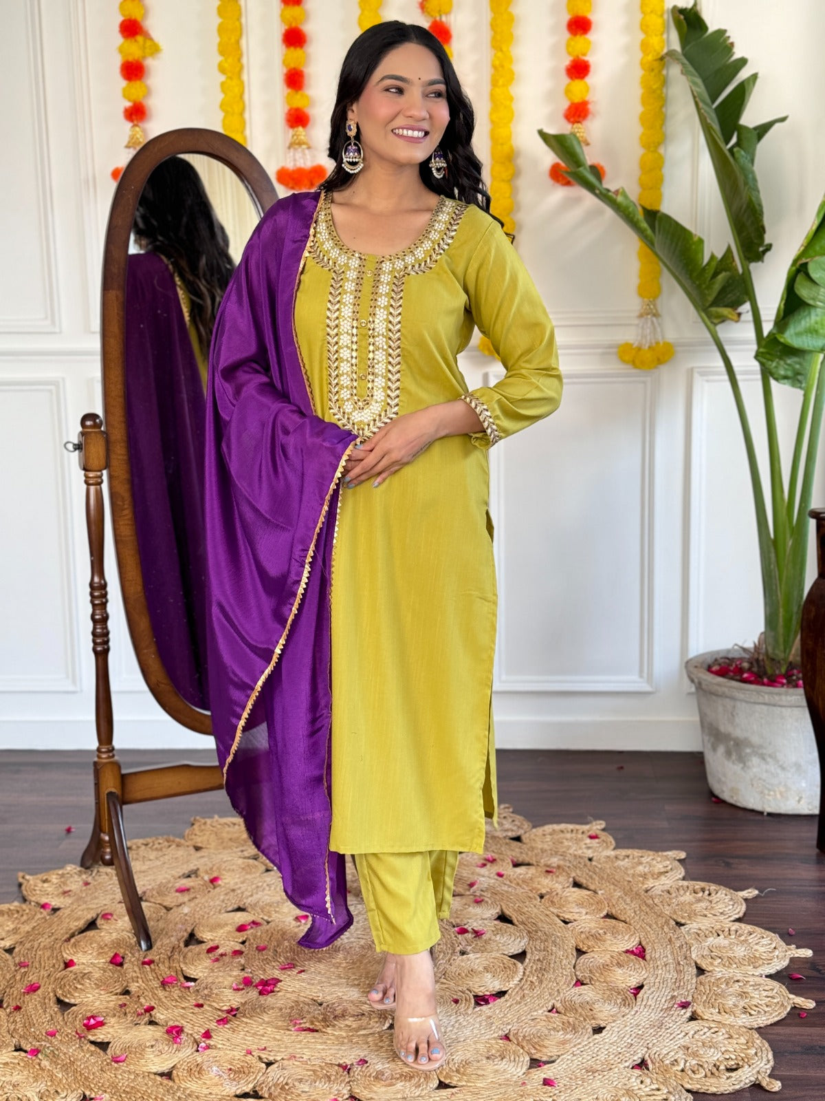Vibrant Yellow Kurta Set with Purple Dupatta