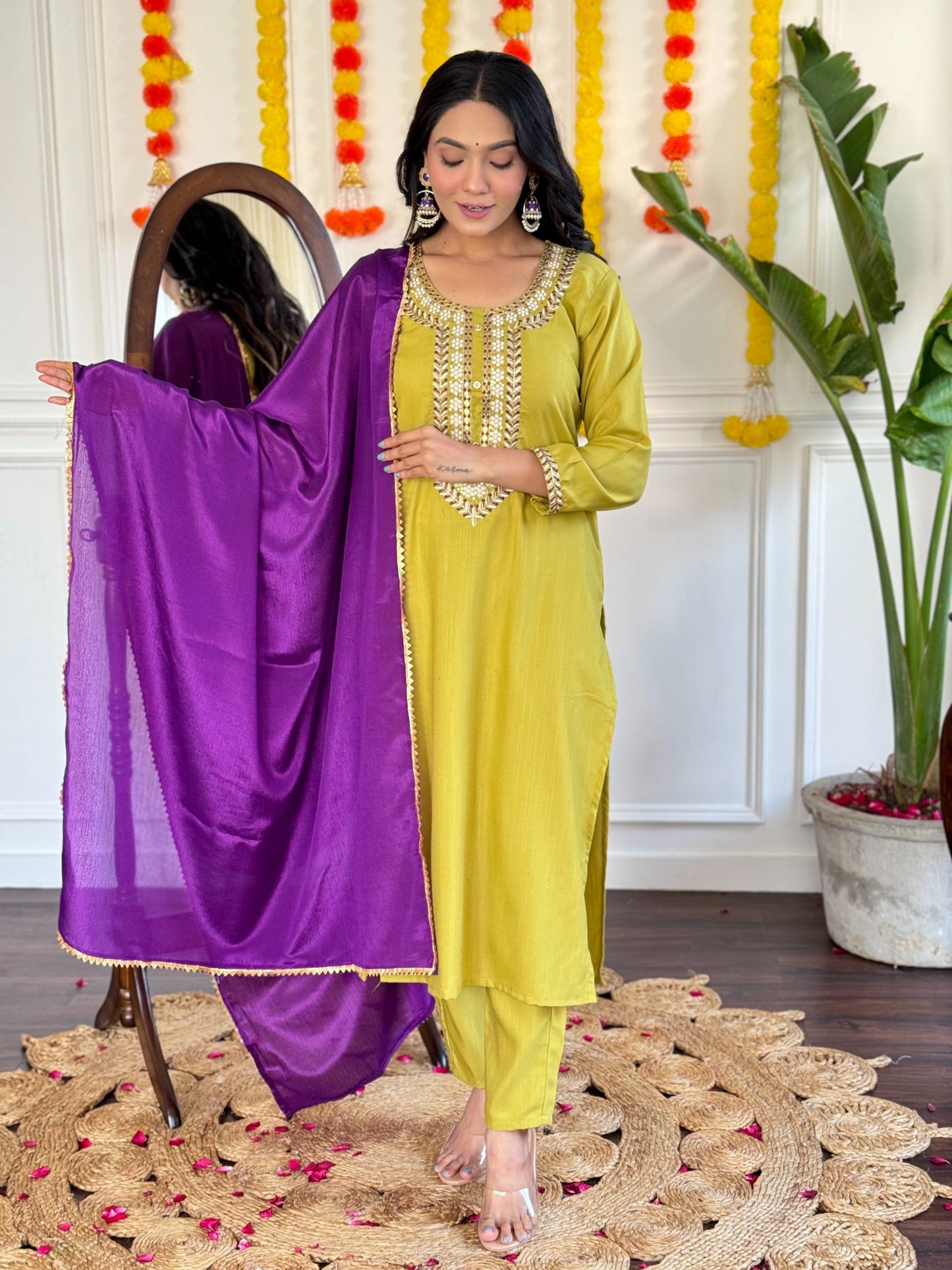 Vibrant Yellow Kurta Set with Purple Dupatta