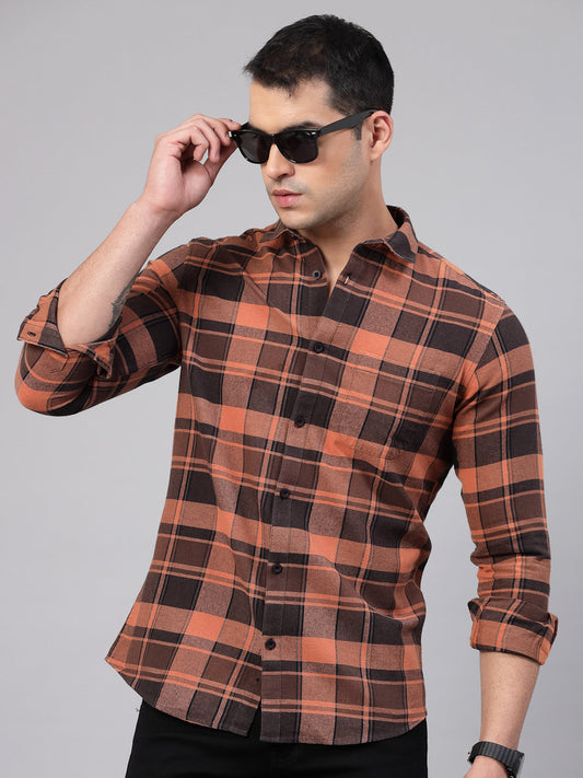 Uri Orange Checked Regular Fit Flannel Cotton Casual Shirt