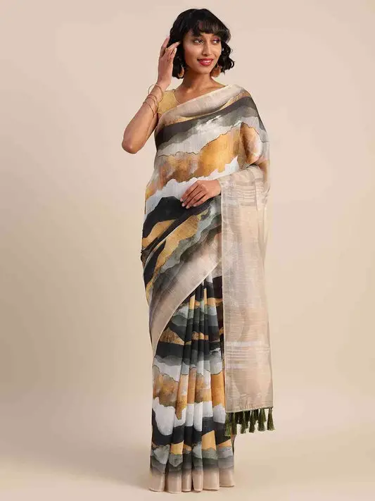 Beige Colour Linen Digital Print Saree