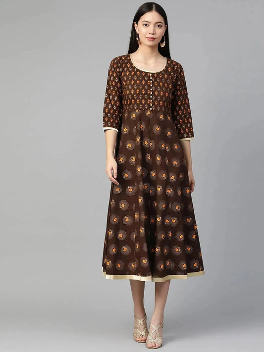 Brown Printed Cotton Dress by My Store