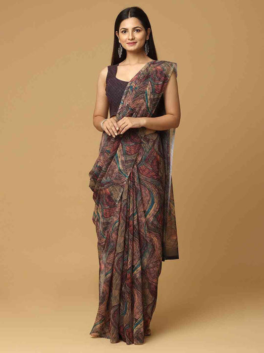 Geometric Printed Coffee Brown Poly Georgette Saree by My Store