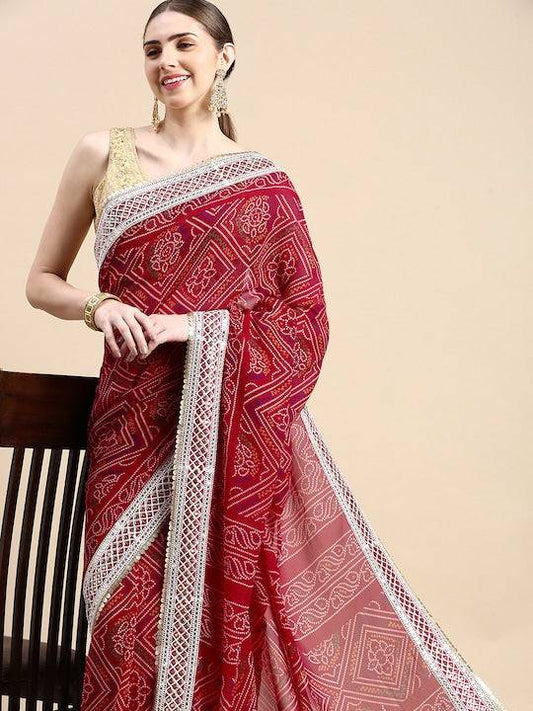 Radiant Red Bandhani Printed Saree by My Store