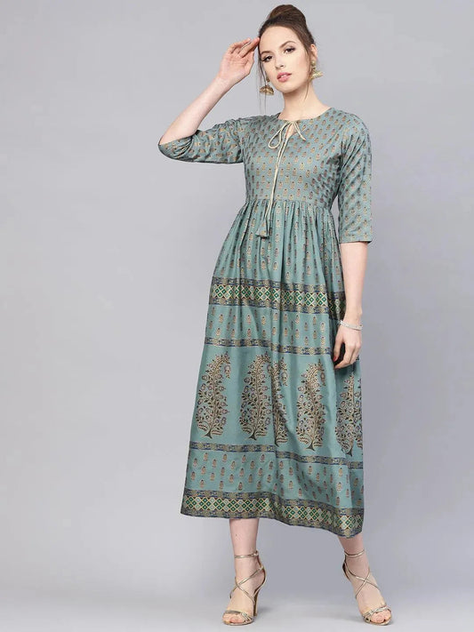 Green Printed Cotton Dress by My Store