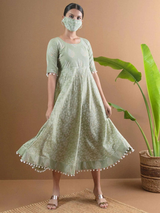 Green Printed Cotton Dress With Mask by My Store