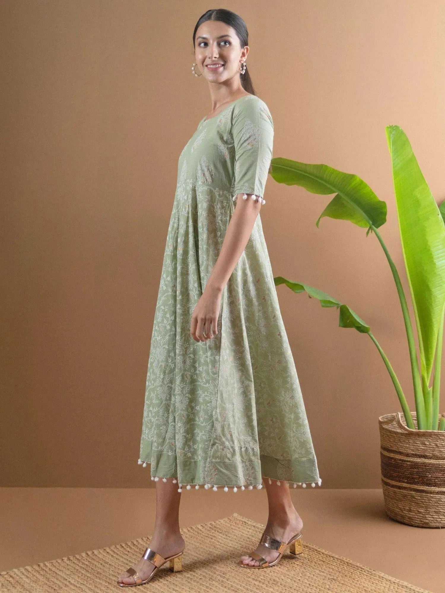 Green Printed Cotton Dress With Mask by My Store