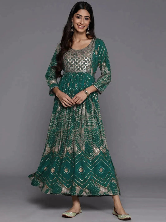 Green Printed Fit and Flare Rayon Dress by My Store