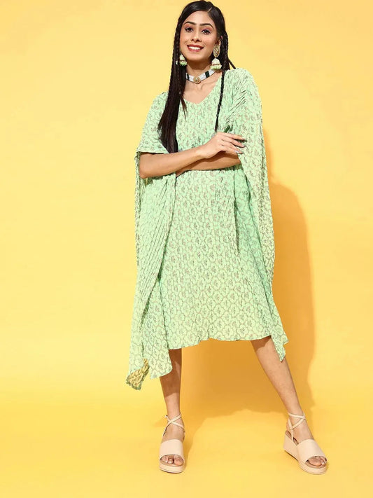Green Printed Georgette Dress by My Store