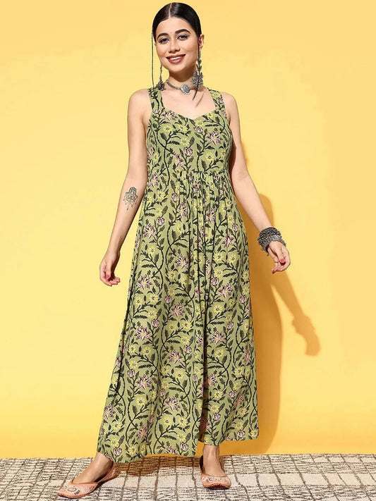 Green Printed Georgette Fit and Flare Dress by My Store