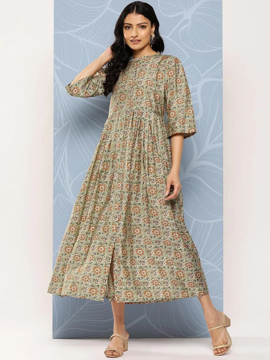 Green Printed Silk Fit and Flare Dress by My Store
