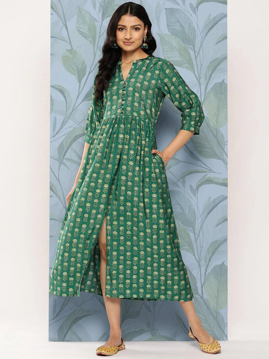 Green Printed Silk Fit and Flare Dress by My Store