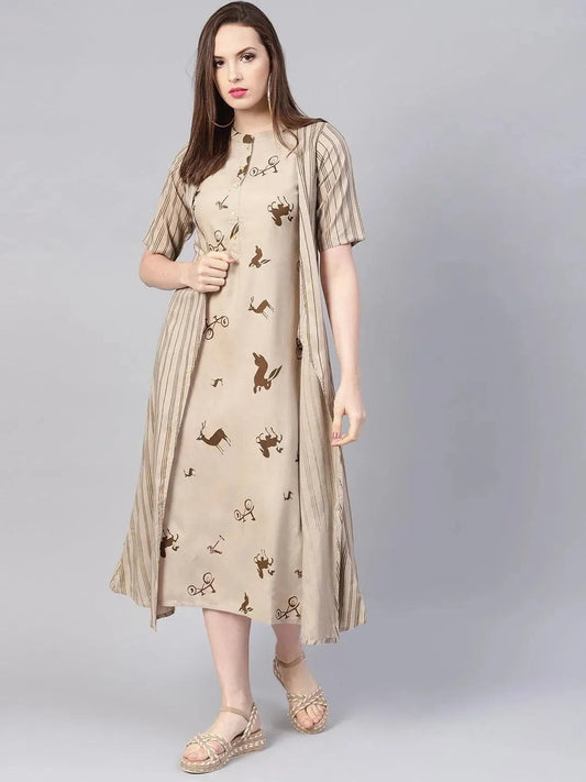 Grey Printed Rayon Dress With Jacket by My Store