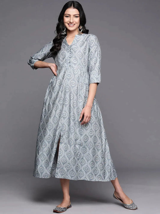 Grey Printed Silk Fit and Flare Dress by My Store
