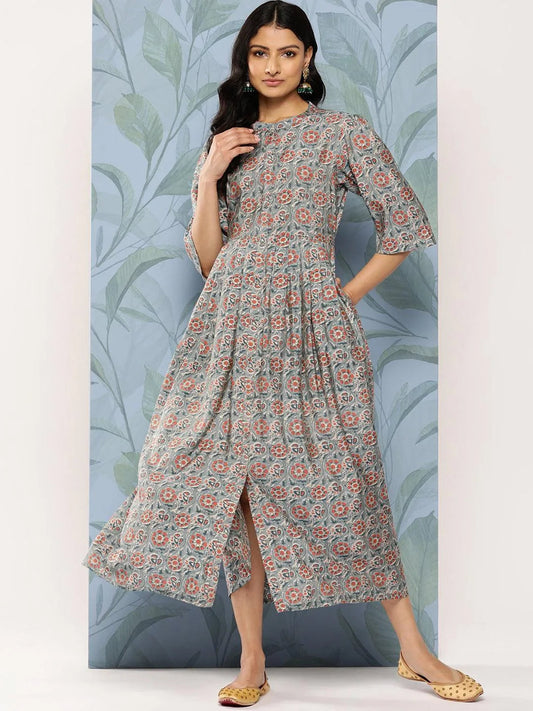 Grey Printed Silk Fit and Flare Dress by My Store