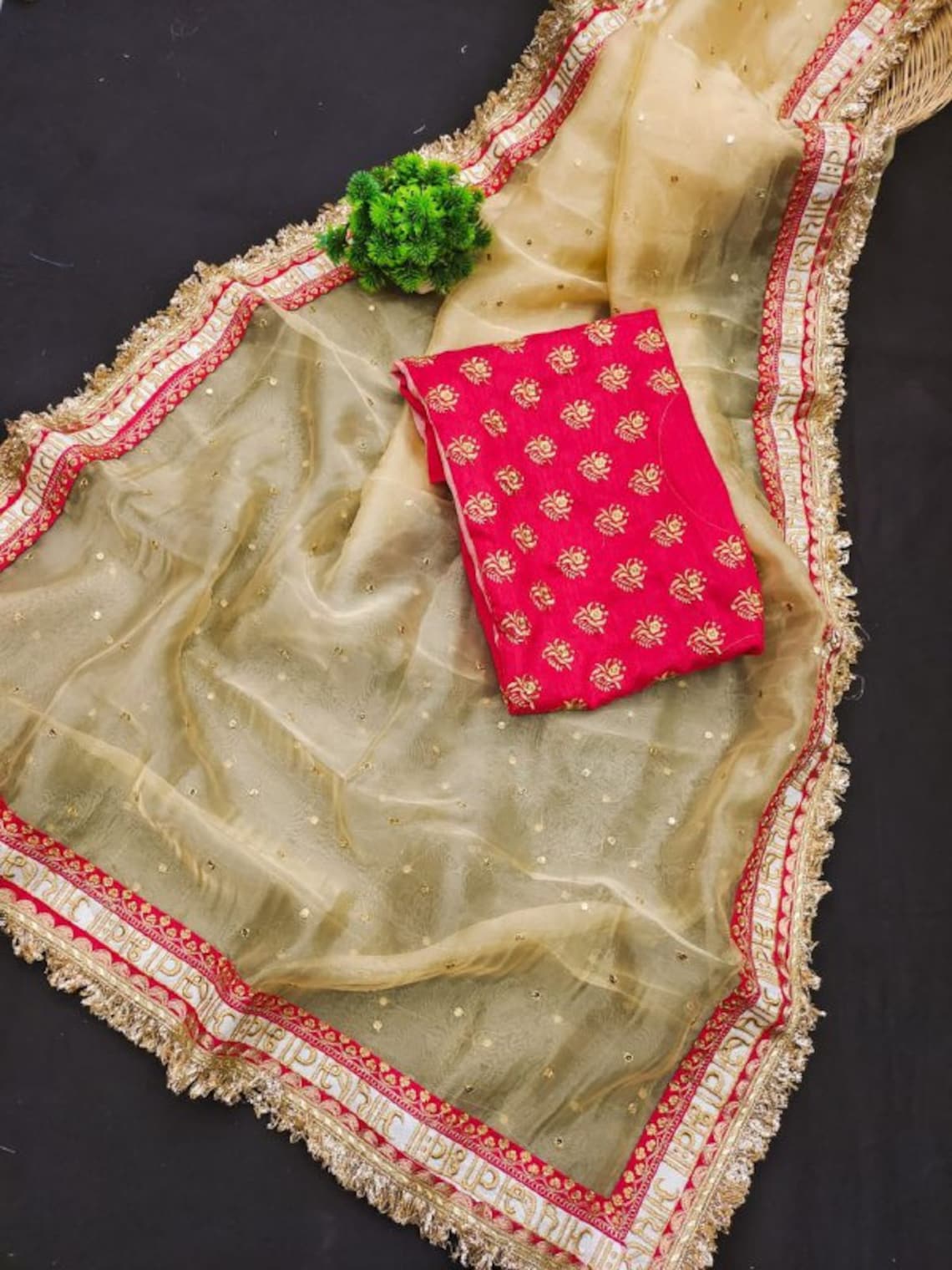 Off White Organza Ilk With Embroidery Thread + Sequence Butti Work Saree by My Store