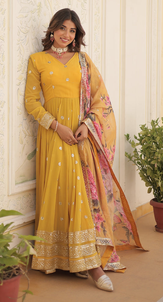 Yellow Fancy Georgette Anarkali Kurta Set