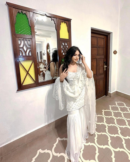 Radiant White Embroidered Sharara Suit Set with Designer Kurta and Dupatta by My Store