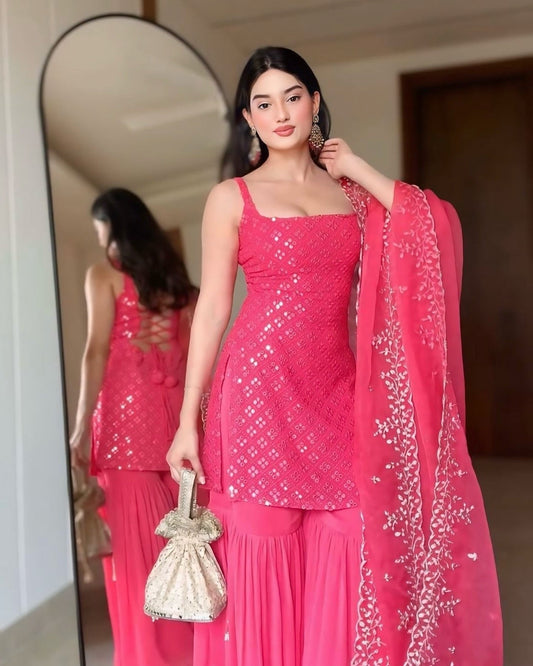 Designer Rani Pink Sharara Suit with Embroidered Kurta and Dupatta by My Store