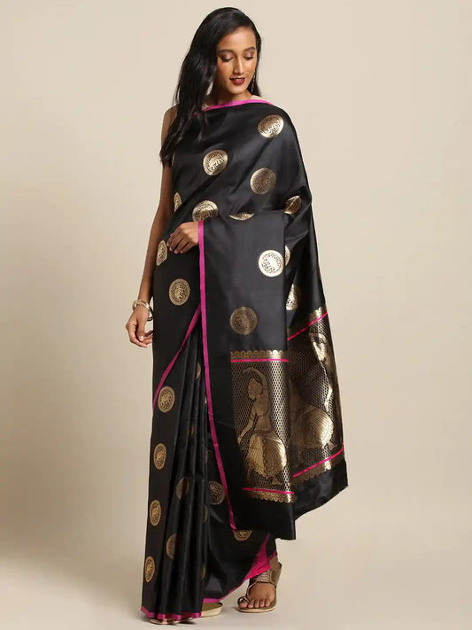 Kanjivaram Black Colour Silk Blend Woven Design Saree by My Store