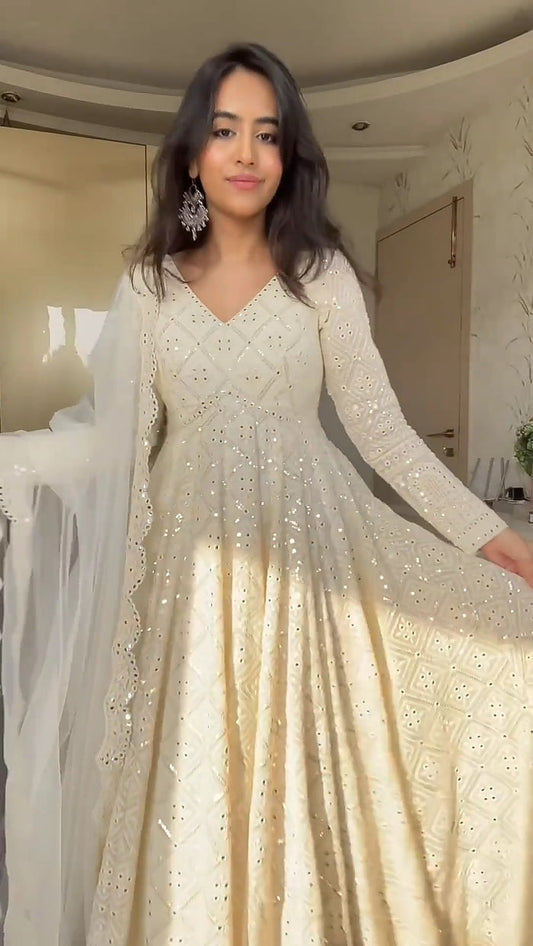 White Embroidered Georgette Fully Stitched Anarkali Suit Set by My Store