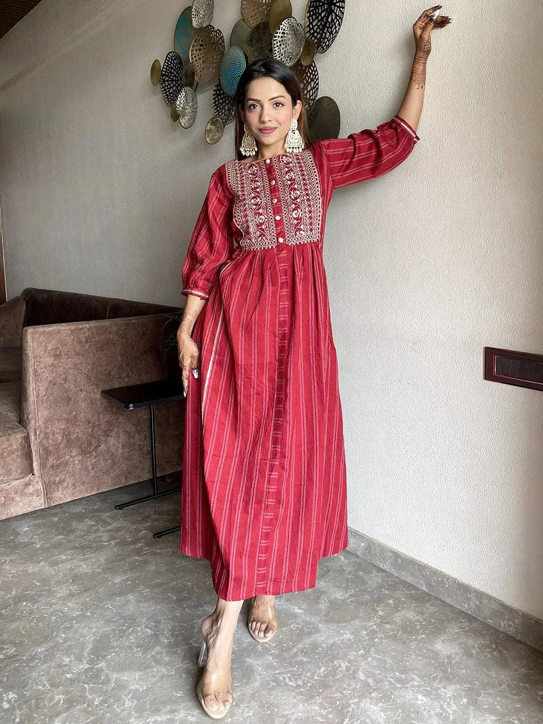 Maroon Embroidered Cotton Dress by My Store