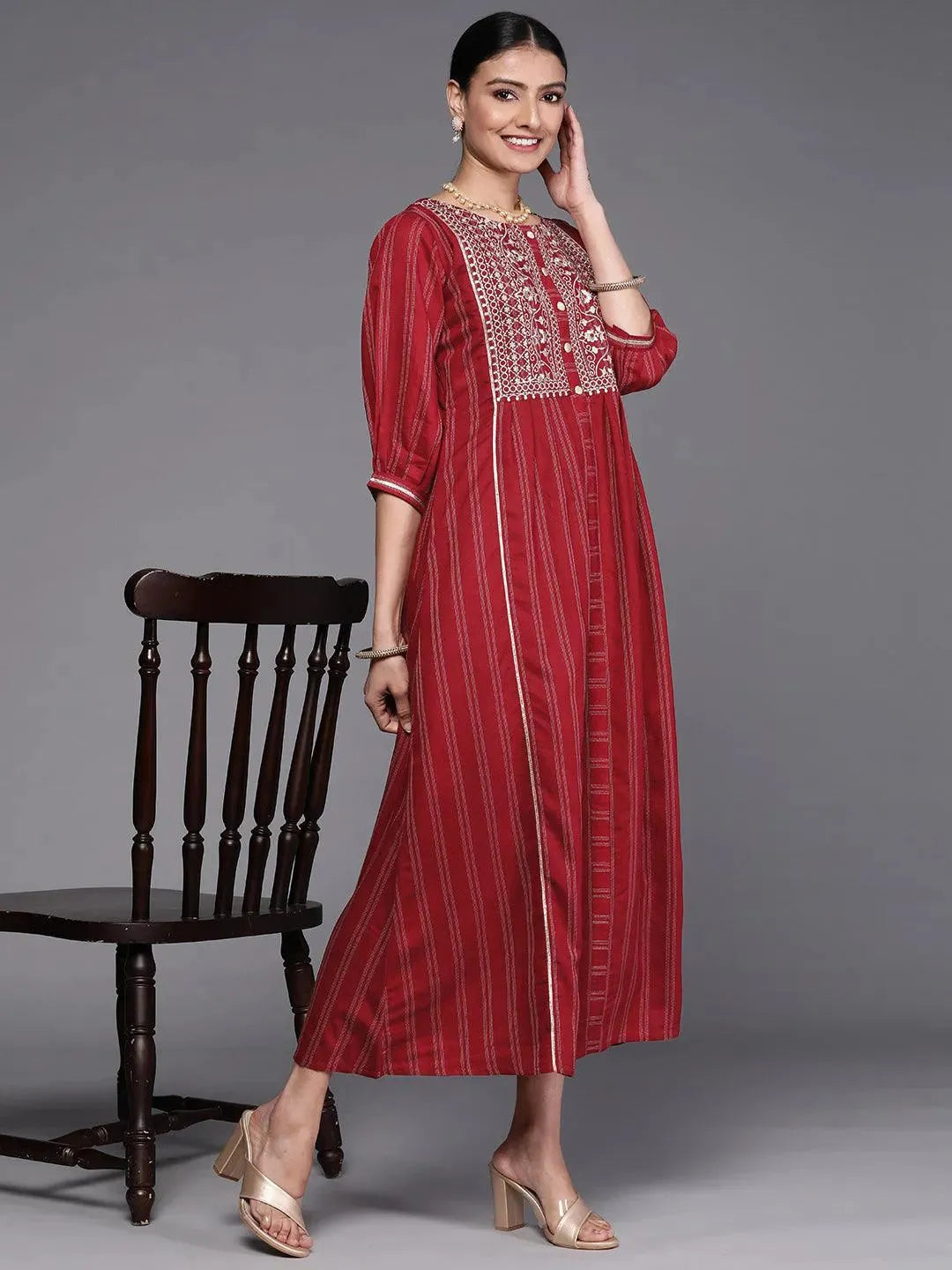Maroon Embroidered Cotton Dress by My Store