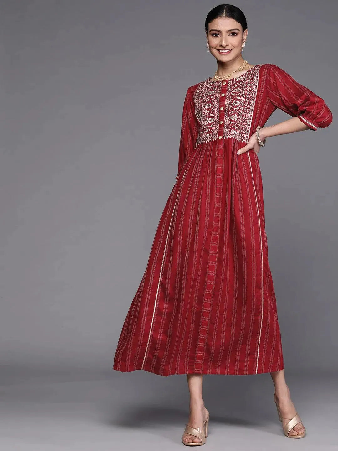 Maroon Embroidered Cotton Dress by My Store