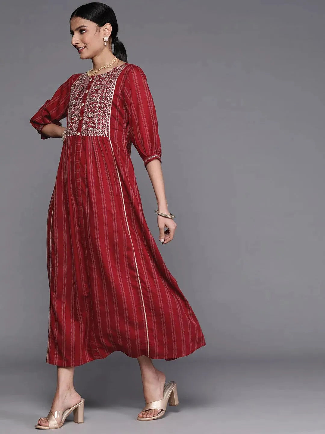 Maroon Embroidered Cotton Dress by My Store