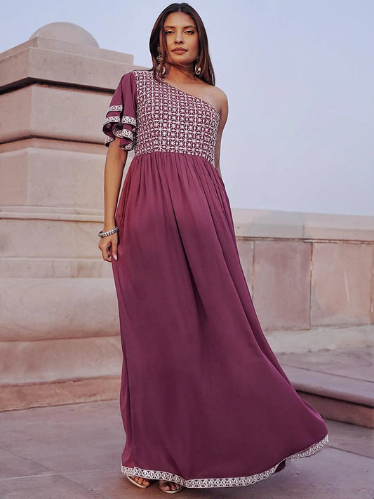 Mauve Embroidered Georgette Gown by My Store