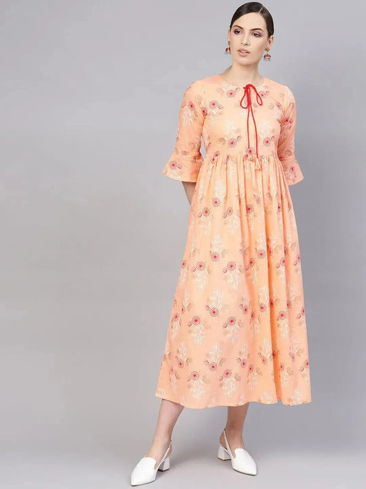 Orange Printed Cotton Dress by My Store