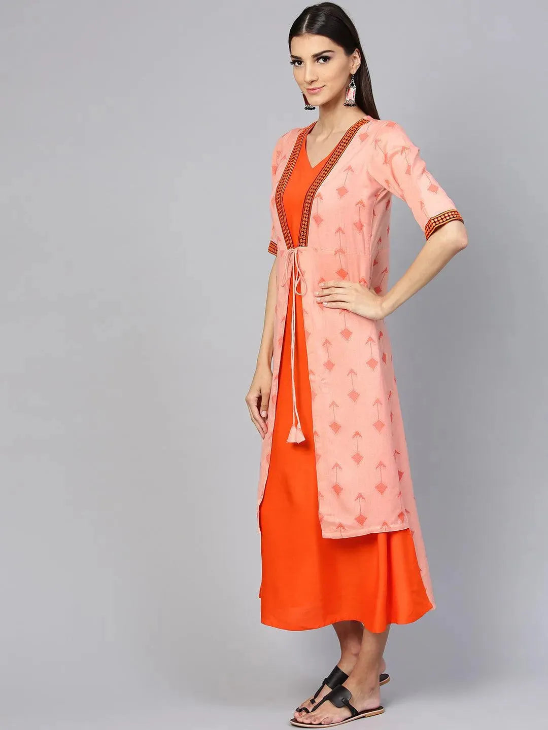 Orange Printed Rayon Dress With Jacket by My Store