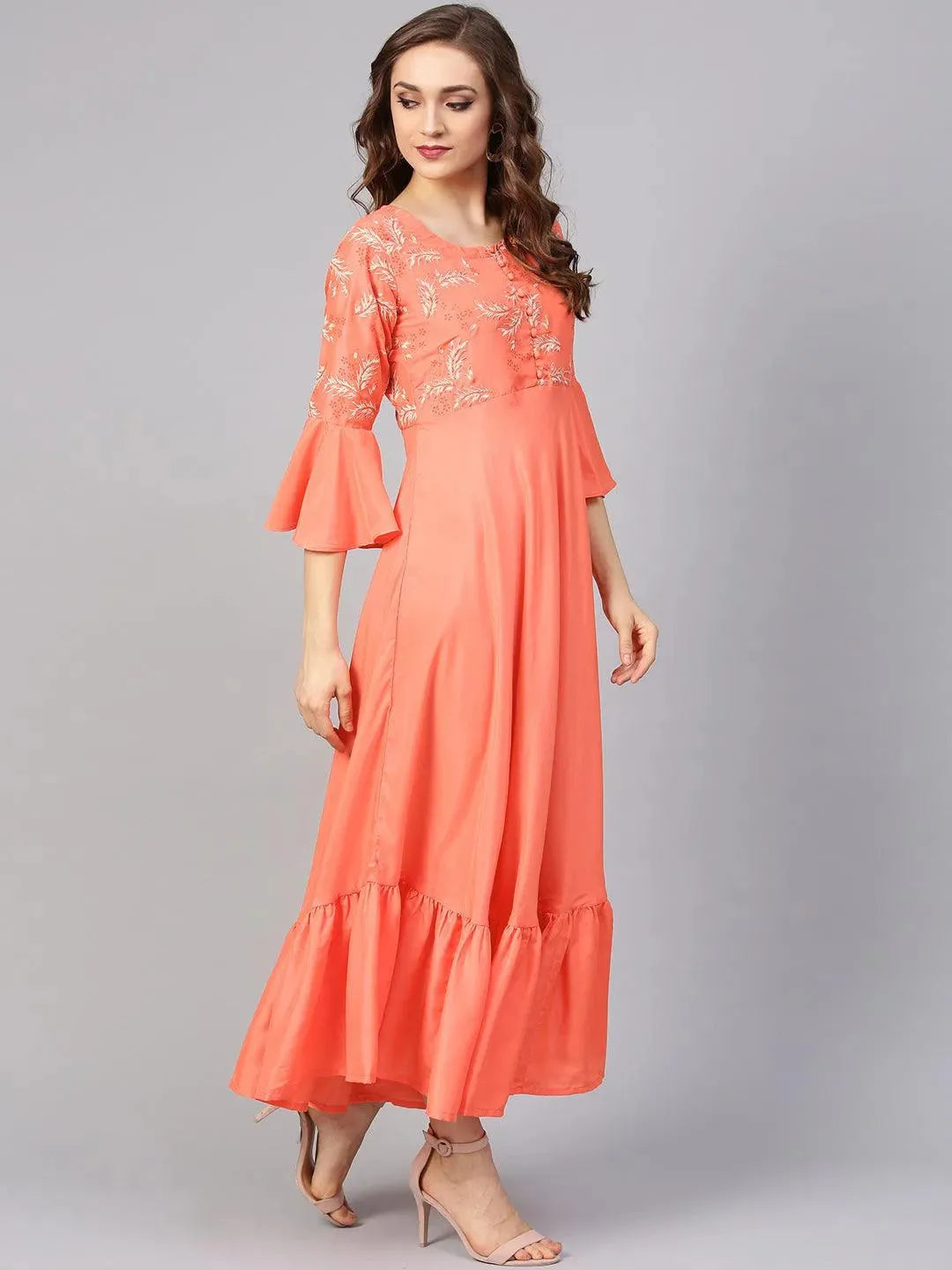 Orange Printed Silk Dress with Stole by My Store