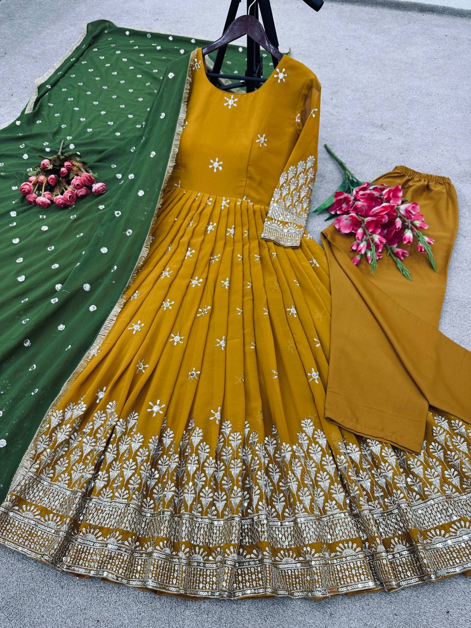 Mustered Color Anarkali Gown With Green Dupatta by My Store