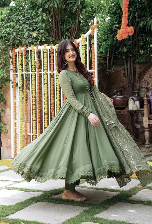 Ceremony Wear Mehndi Color Gown With Work Dupatta by My Store