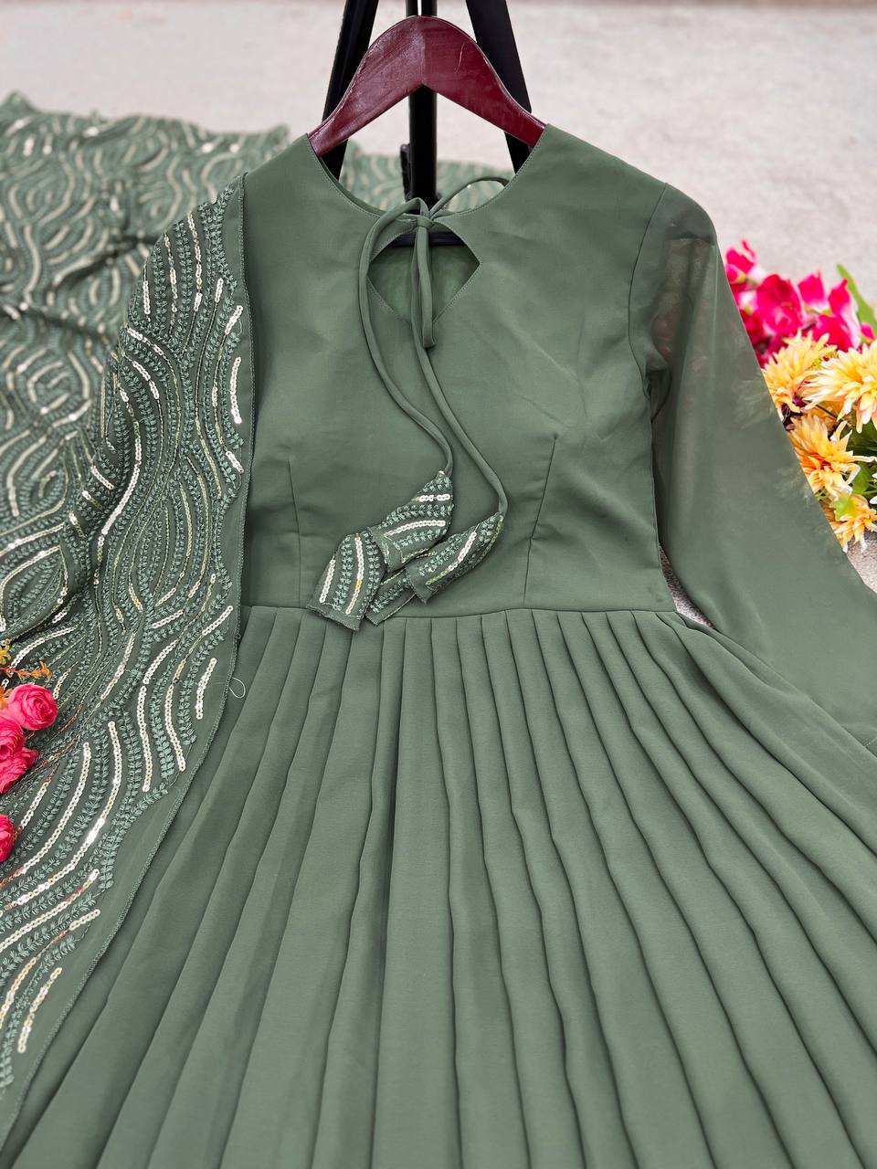 Ceremony Wear Mehndi Color Gown With Work Dupatta by My Store