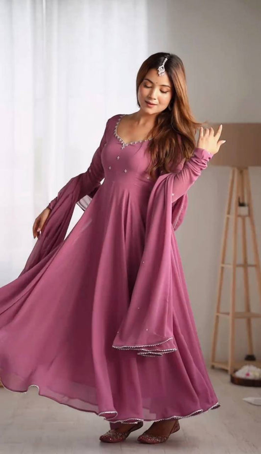 Dusty Pink Indian Designer Gown With Embroidery Work on Neck and Dupatta by My Store