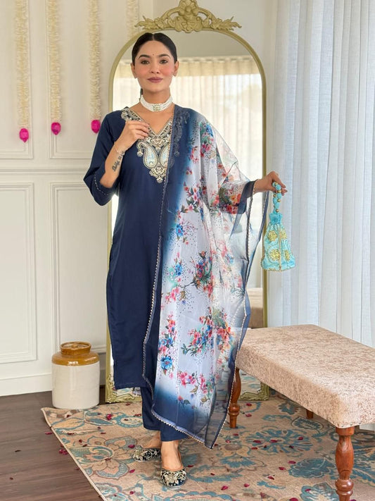 Navy Bloom Embroidered Kurta set