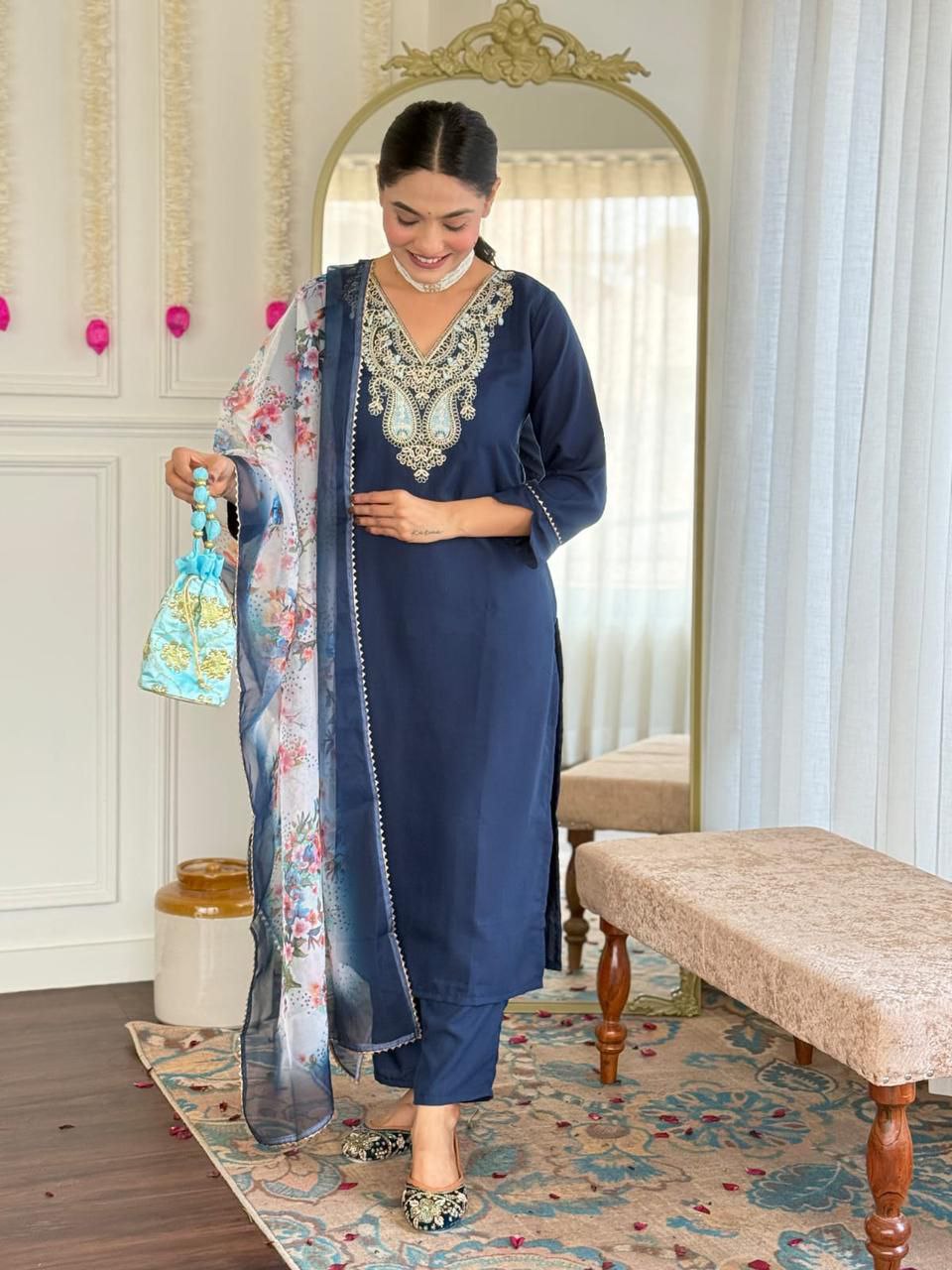 Navy Bloom Embroidered Kurta set