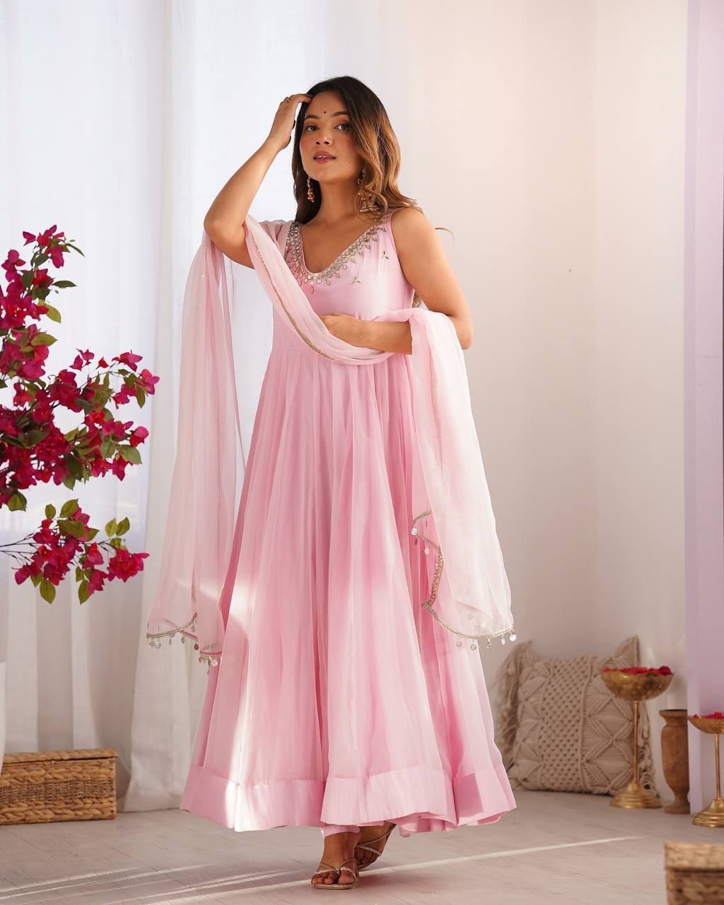 Baby Pink Color Georgette Three Piece Anarkali Suit by My Store