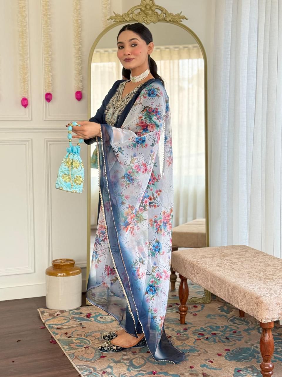 Navy Bloom Embroidered Kurta set