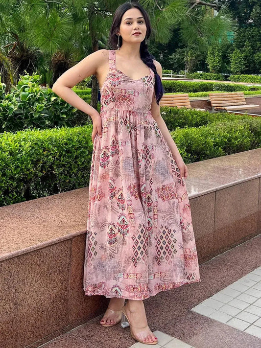 Pink Printed Georgette Fit and Flare Dress by My Store